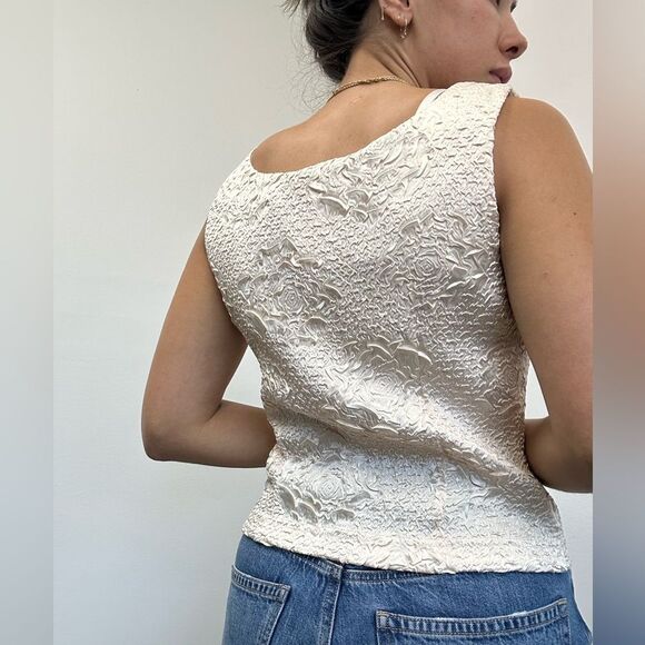 Vintage 90's Cream Satin Crinkle 3D Rose Floral Pattern Tank Camisole Size M - Picture 3 of 10